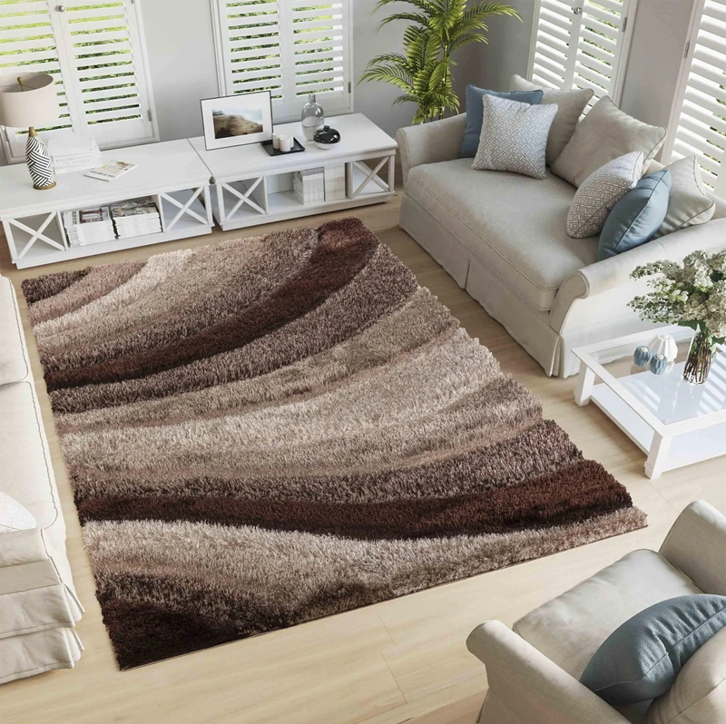 Serdim Rugs Modern Soft Waves Design Hand Carved Shiny Shimmer Living Room Polyester Shaggy Rugs, Bronze, 120x170cm (4'x5'6")