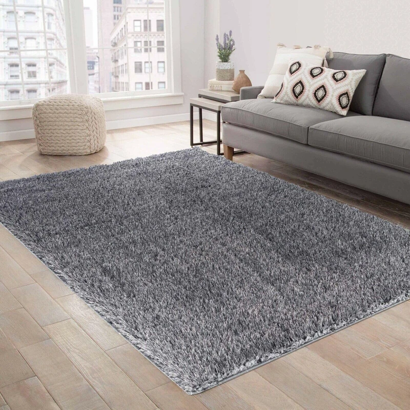 Serdim Rugs Modern Soft Plain Shiny Shimmer Living Room Polyester Shaggy Area Rugs, Dark Grey, 160x230cm (5'3"x7'7")