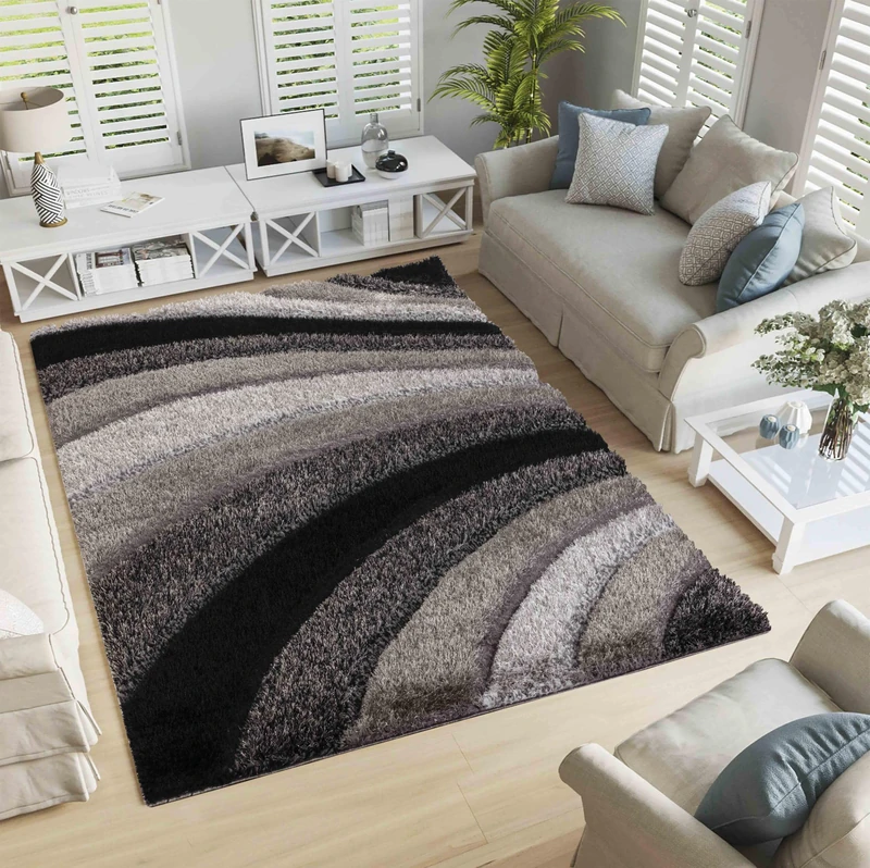 Serdim Rugs Modern Soft Waves Design Hand Carved Shiny Shimmer Living Room Polyester Shaggy Rugs, Grey, 200x290cm (6'7"x9'6")