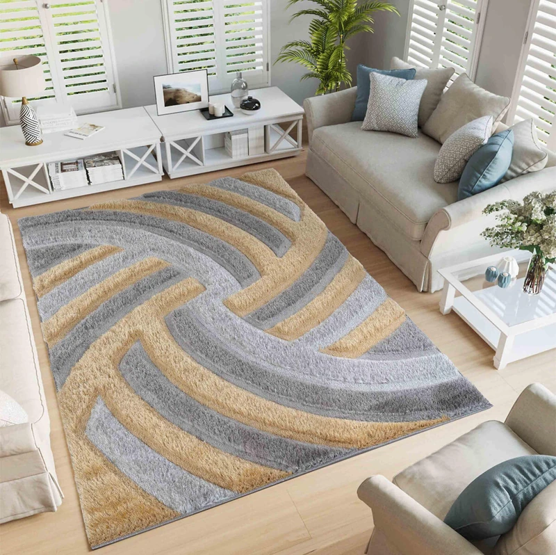 Serdim Rugs Modern Soft Swirl Design Hand Carved Shiny Shimmer Living Room Polyester Shaggy Rugs, Ochre, 120x170cm (4'x5'6")