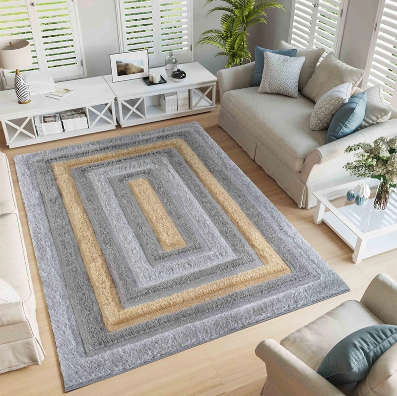 Serdim Rugs Modern Soft Bordered Design Hand Carved Shiny Shimmer Living Room Polyester Shaggy Rugs, Ochre, 200x290cm (6'7"x9'6")