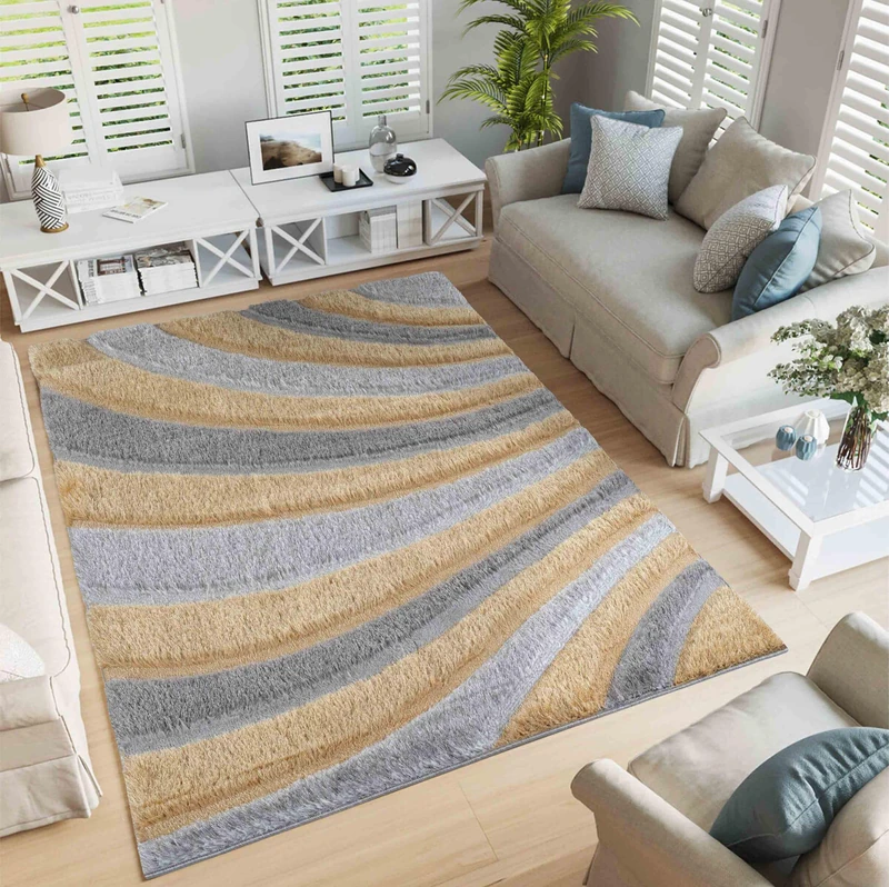Serdim Rugs Modern Soft Waves Design Hand Carved Shiny Shimmer Living Room Polyester Shaggy Rugs, Ochre, 120x170cm (4'x5'6")