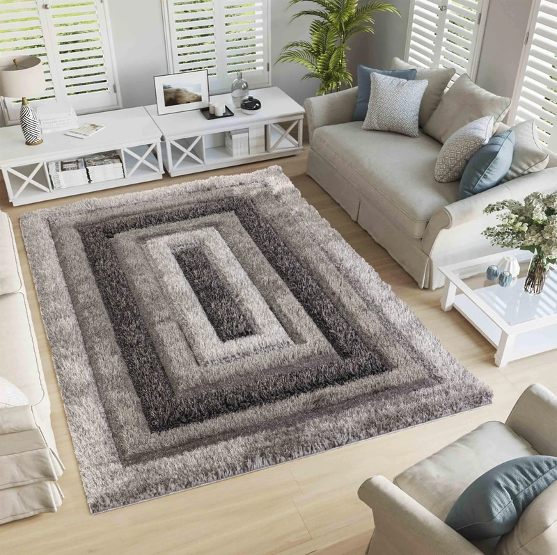 Serdim Rugs Modern Soft Bordered Design Hand Carved Shiny Shimmer Living Room Polyester Shaggy Rugs, Grey, 160x230cm (5'3"x7'7")