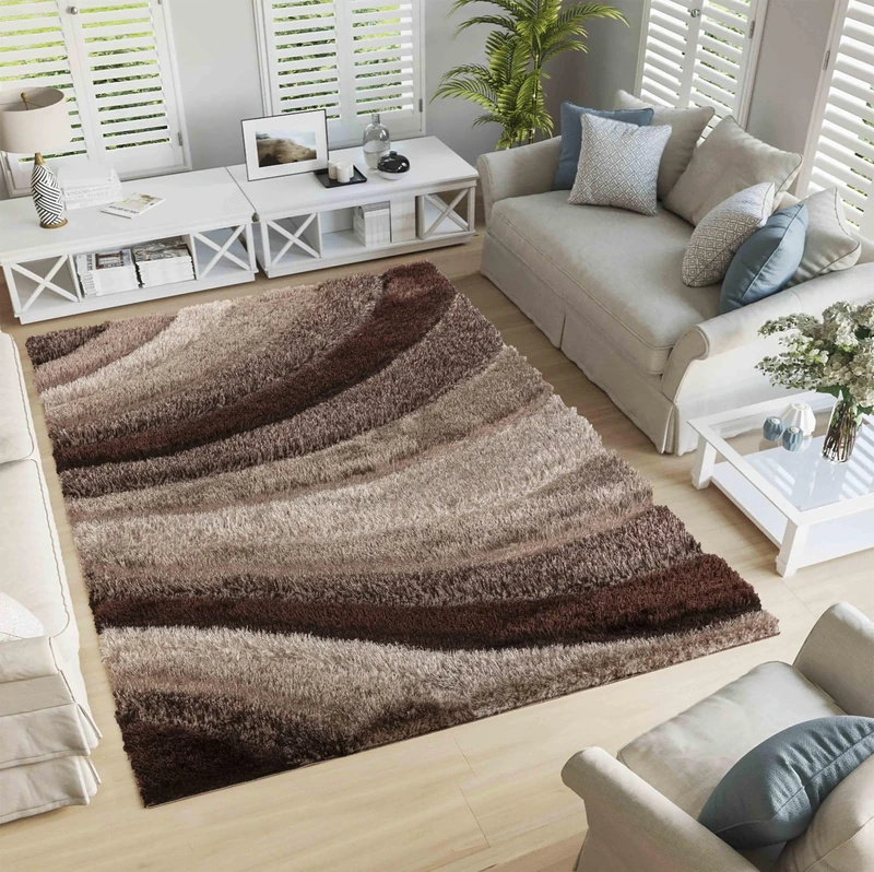 Serdim Rugs Modern Soft Waves Design Hand Carved Shiny Shimmer Living Room Polyester Shaggy Rugs, Bronze, 200x290cm (6'7"x9'6")