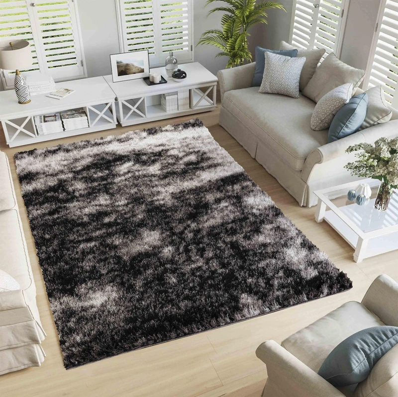 Serdim Rugs Modern Soft Two Tone Shiny Shimmer Living Room Polyester Shaggy Rugs, Dark Grey, 200x290cm (6'7"x9'6")