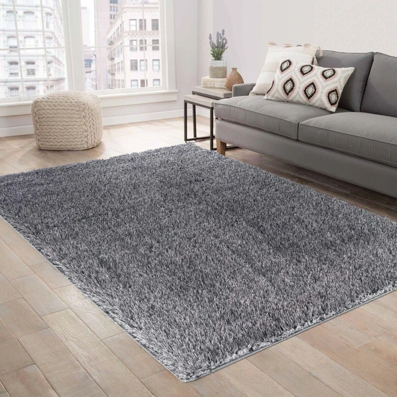 Serdim Rugs Modern Soft Plain Shiny Shimmer Living Room Polyester Shaggy Area Rugs, Dark Grey, 200x290cm (6'7"x9'6")