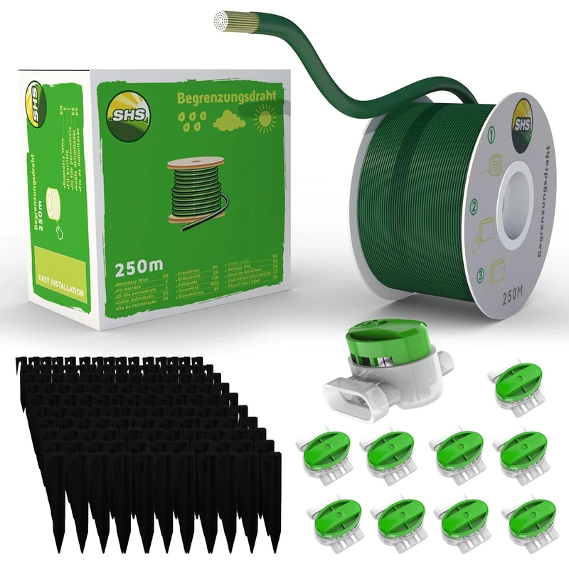 250 m Boundary Cable + 750 Ground Spikes + 10 Cable Connectors for Robotic Lawnmowers, Boundary Wire Set for Search Cables, Compatible with Gardena/Bosch/Husqvarna/Worx