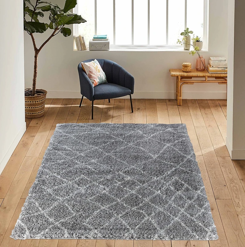 Serdim Rugs Morrocan Berber Living Room Abstract Design Shaggy Area Rugs, Grey, 200x290cm (6'7"x9'6")