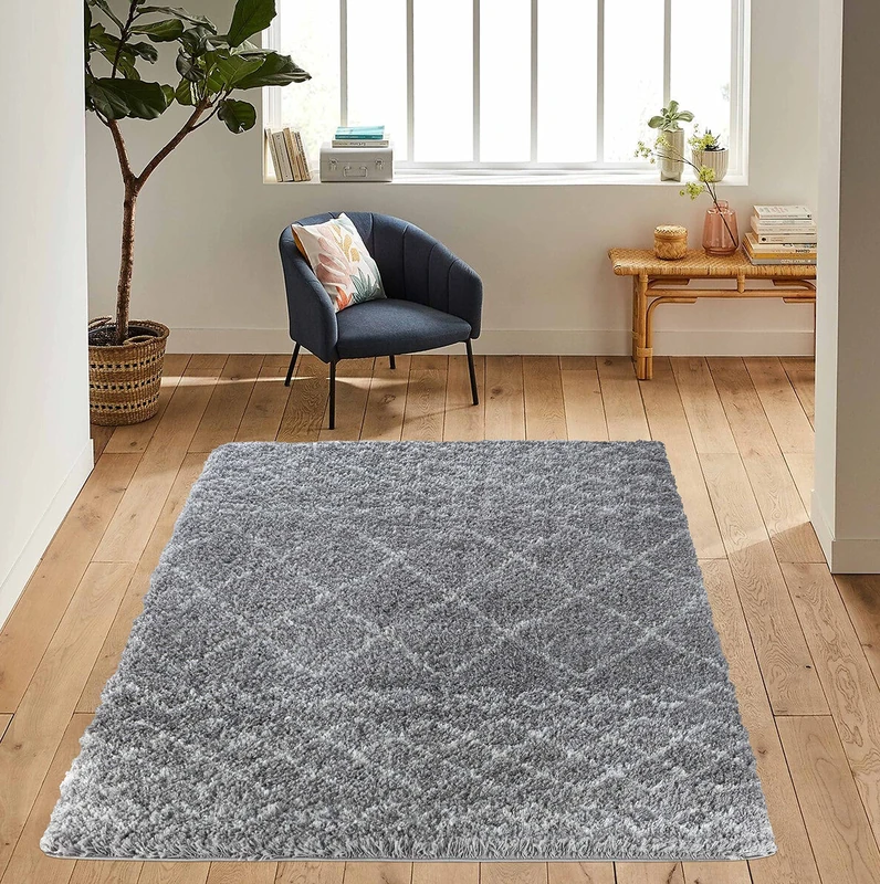 Serdim Rugs Morrocan Berber Living Room Mixed Diamond Geometric Design Shaggy Area Rugs, Grey, 160x230cm (5'3"x7'7")