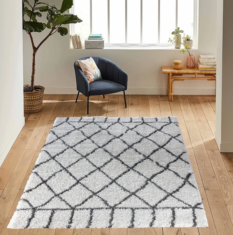Serdim Rugs Morrocan Berber Living Room Diamond Design Shaggy Area Rugs, Dark Cream, 160x230cm (5'3"x7'7")