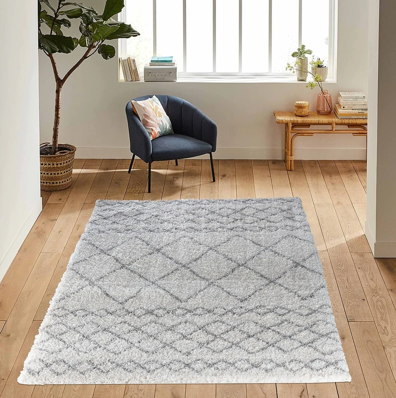 Serdim Rugs Morrocan Berber Living Room Mixed Diamond Geometric Design Shaggy Area Rugs, Light Cream, 160x230cm (5'3"x7'7")