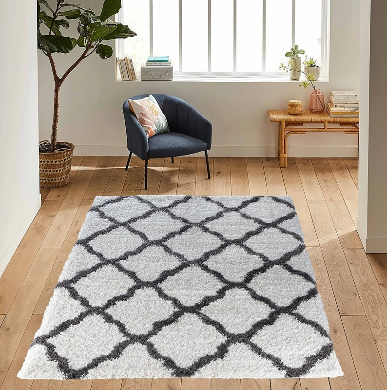 Serdim Rugs Morrocan Berber Living Room Bold Trellis Design Shaggy Area Rugs, Dark Cream, 200x290cm (6'7"x9'6")