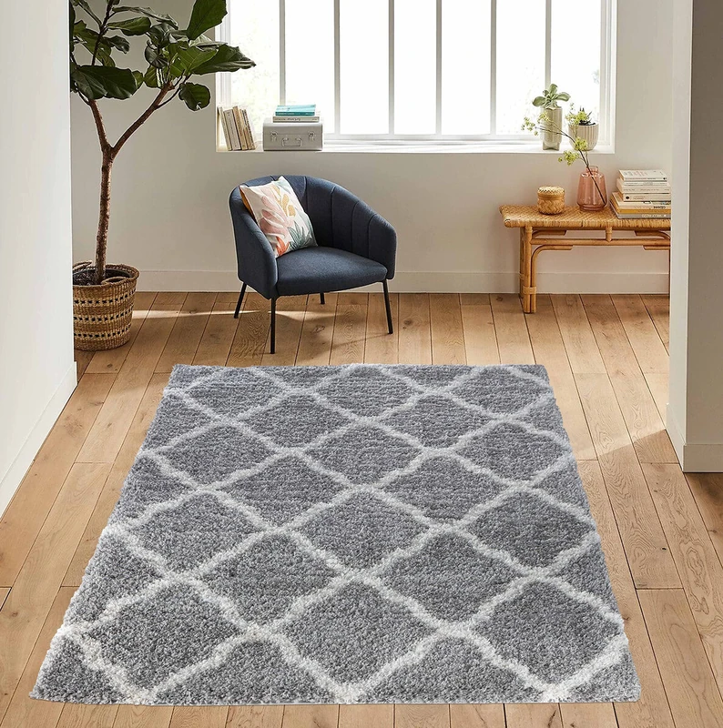 Serdim Rugs Morrocan Berber Living Room Bold Trellis Design Shaggy Area Rugs, Grey, 160x230cm (5'3"x7'7") - Image 1