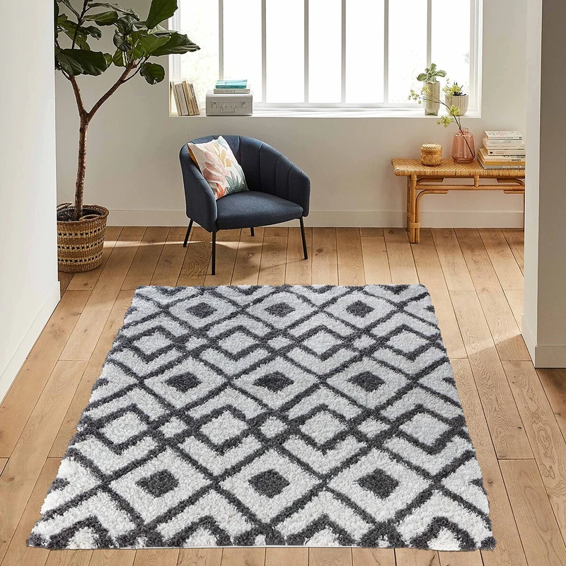 Serdim Rugs Morrocan Berber Living Room Distorted Checkered Design Shaggy Area Rugs, Dark Cream, 120x170cm (4'x5'6")