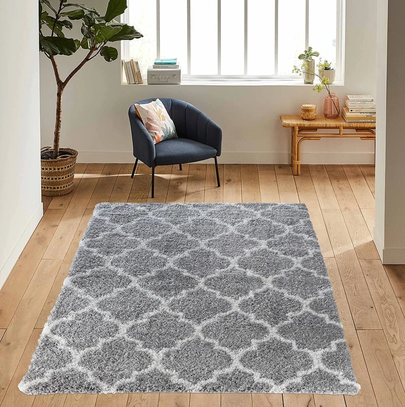 Serdim Rugs Morrocan Berber Living Room Trellis Design Shaggy Area Rugs, Grey, 120x170cm (4'x5'6")