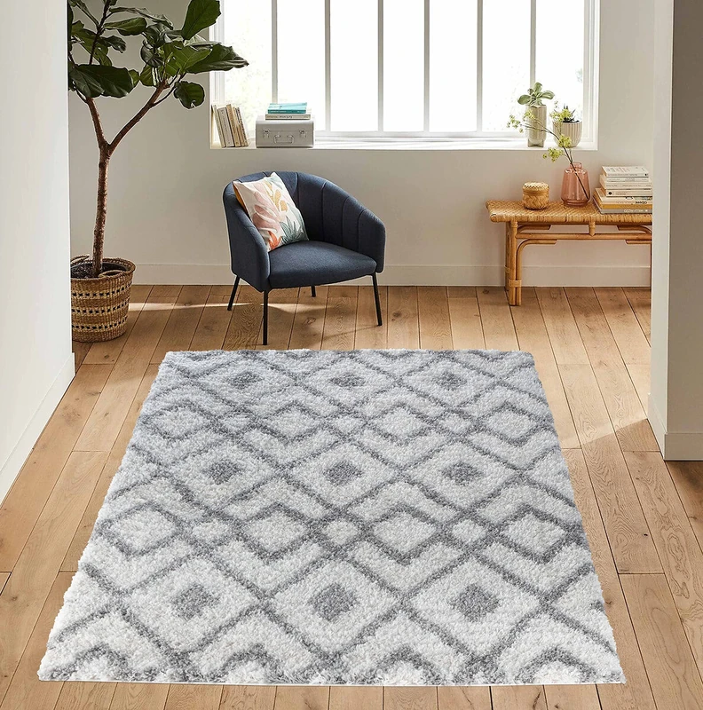 Serdim Rugs Morrocan Berber Living Room Distorted Checkered Design Shaggy Area Rugs, Light Cream, 160x230cm (5'3"x7'7")