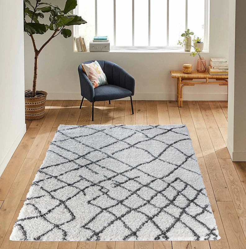 Serdim Rugs Morrocan Berber Living Room Abstract Design Shaggy Area Rugs, Dark Cream, 160x230cm (5'3"x7'7")