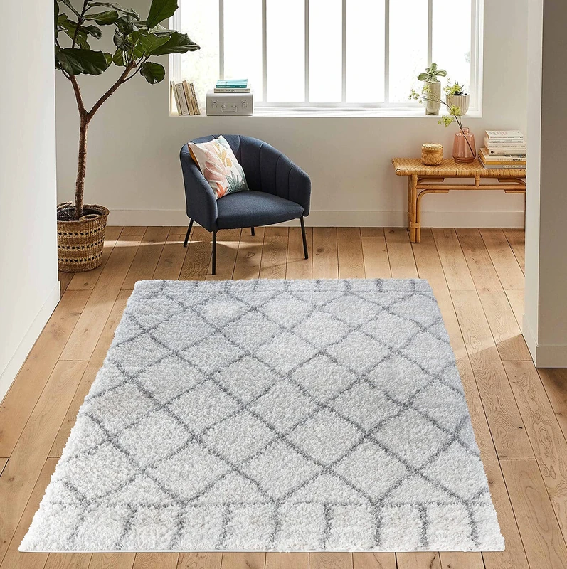 Serdim Rugs Morrocan Berber Living Room Diamond Design Shaggy Area Rugs, Light Cream, 120x170cm (4'x5'6")