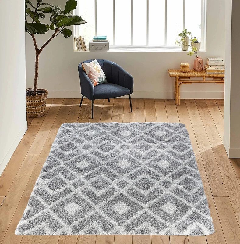 Serdim Rugs Morrocan Berber Living Room Distorted Checkered Design Shaggy Area Rugs, Grey, 200x290cm (6'7"x9'6")