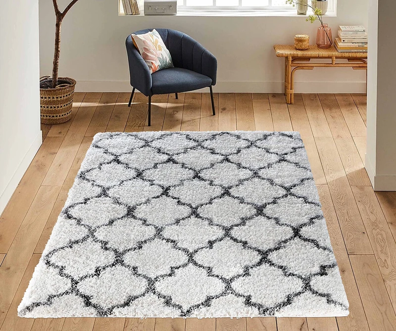 Serdim Rugs Morrocan Berber Living Room Trellis Design Shaggy Area Rugs, Dark Cream, 200x290cm (6'7"x9'6")