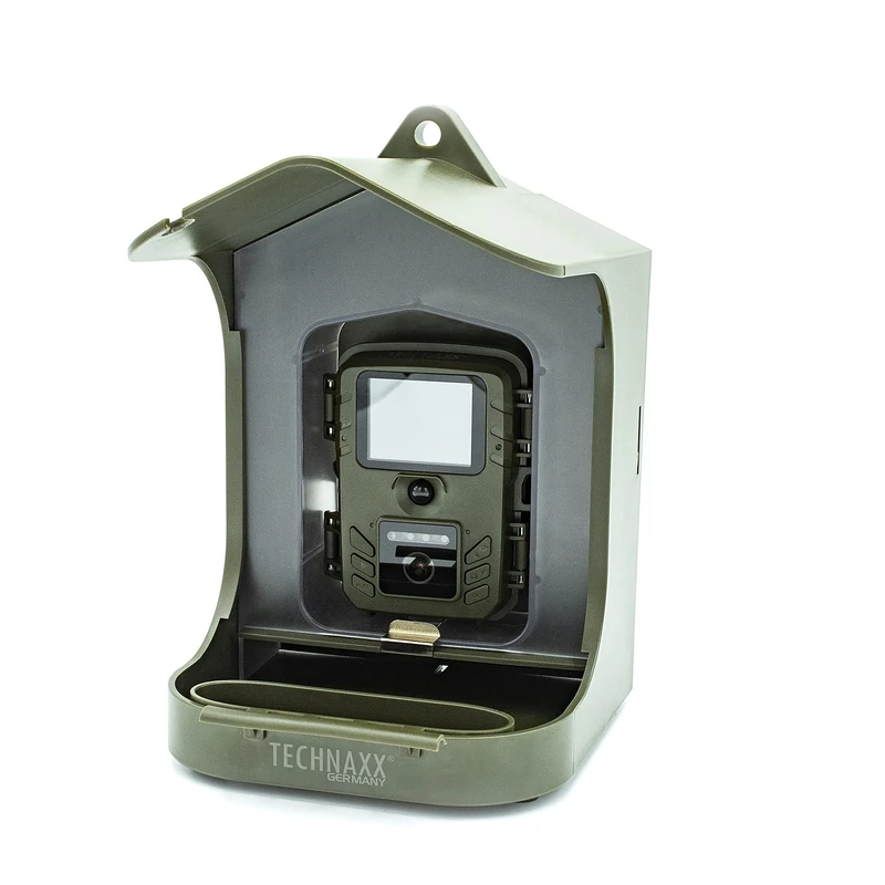 Technaxx Bird Feeder Camera Station with Treat Hanging, 150 G Box for Food & Bath for Water - FullHD Video Resolution - Versatile Installation Kit - Bird Watching Camera TX-165, Green