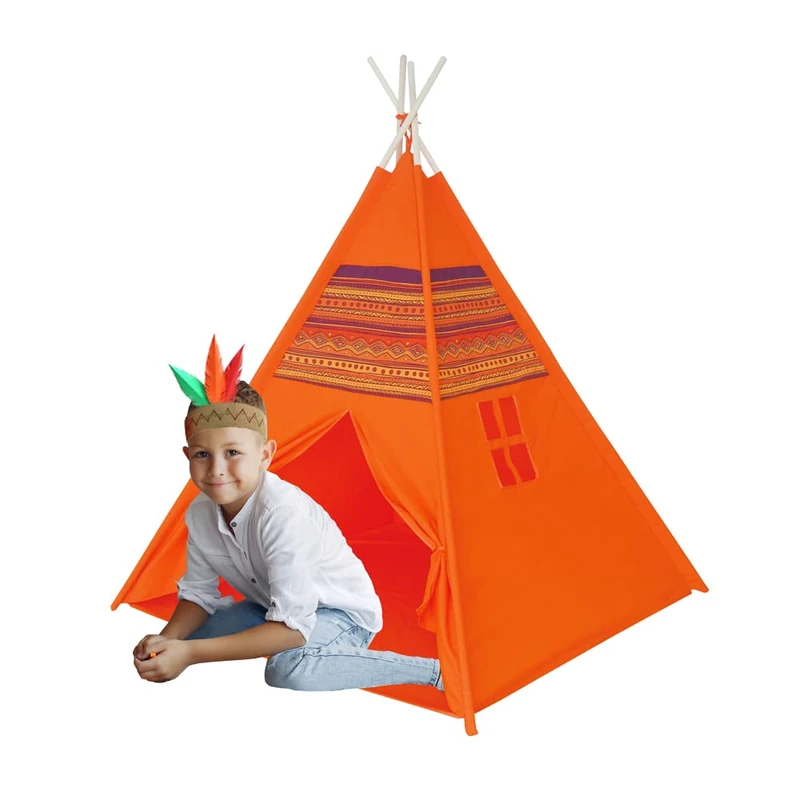 Happy Sun Indian Deluxe Kids Tent Kids Playground Tent 120 x 120 x 150 cm Folding Tent with Wooden Poles. Minimal footprint. Ideal as a baby gift. Orange