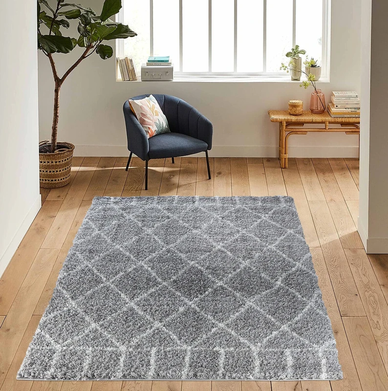 Serdim Rugs Morrocan Berber Living Room Diamond Design Shaggy Area Rugs, Grey, 160x230cm (5'3"x7'7")