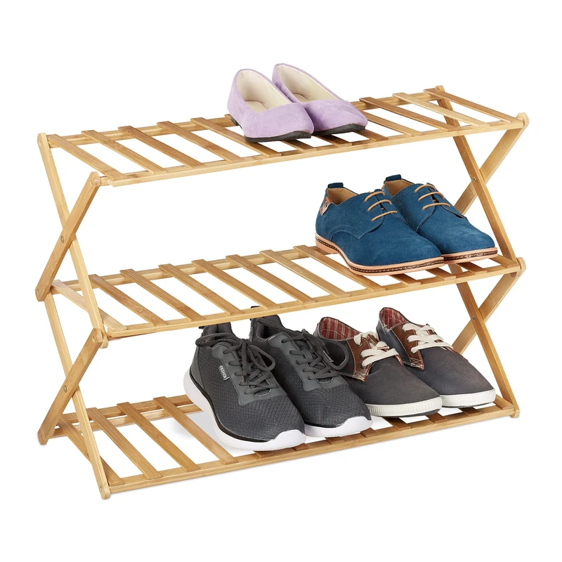 Relaxdays Bamboo Rack 3 Levels, 9 Pairs, Shoes Storage for Hallway, HWD: 46 x 67 x 26 cm Foldable, Stable, Natural