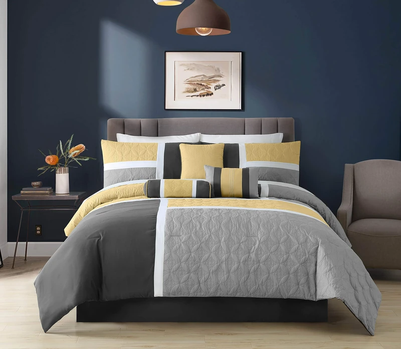 Chezmoi Collection Upland 7-Piece Quilted Patchwork Comforter Bedding Set, Yellow/Charcoal/Gray, Full