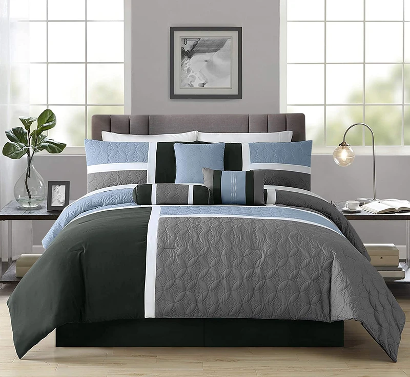 Chezmoi Collection 7-Piece Quilted Patchwork Set, Polyester, Grey/Light Blue/Charcoal, King