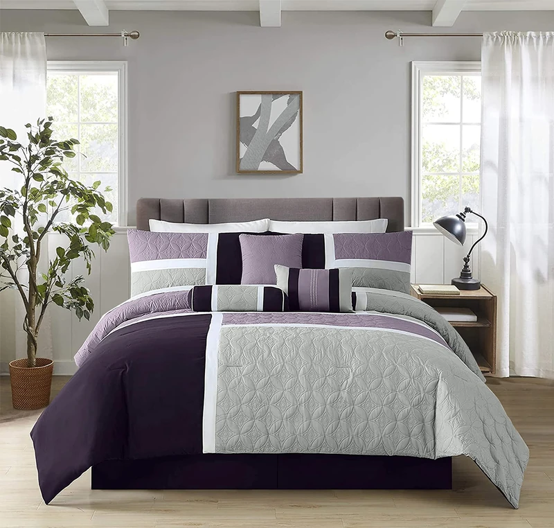 Chezmoi Collection Upland 7-Piece Quilted Patchwork Comforter Set, Lavender/Gray/Purple, King