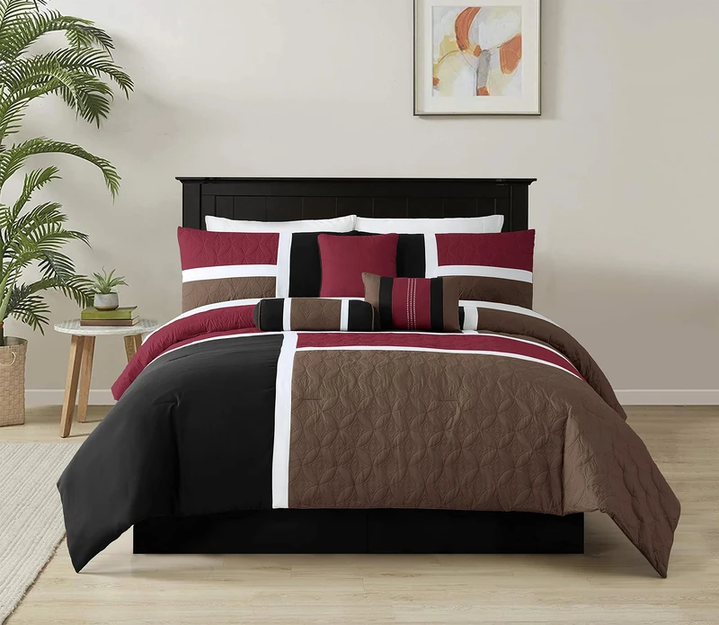 Chezmoi Collection Upland 7-Piece Quilted Patchwork Comforter Set, Burgundy/Black/Brown, Queen