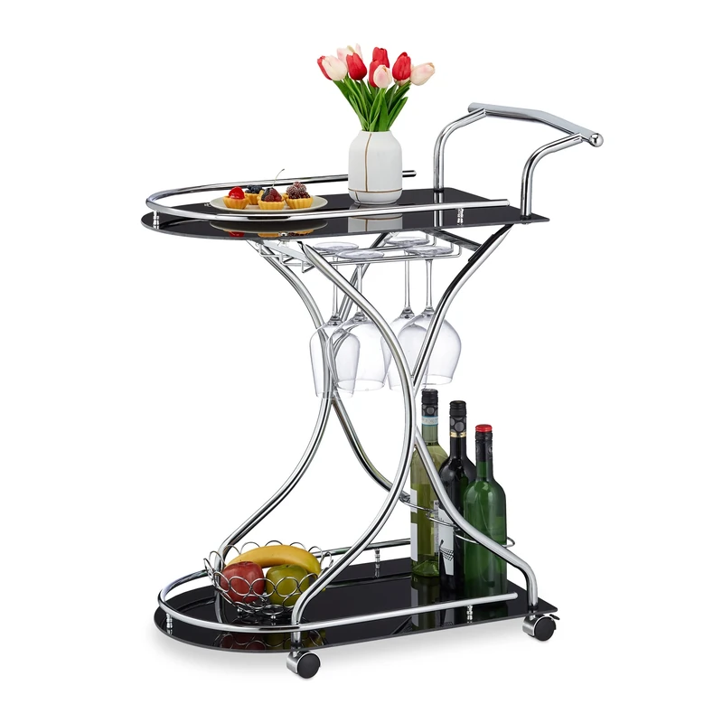 Relaxdays Serving Trolley, 4 Castors, 2 Shelves, HWD: 88 x 76 x 49 cm, Cart for Drinks and Snacks, Glass & Chrome, Black