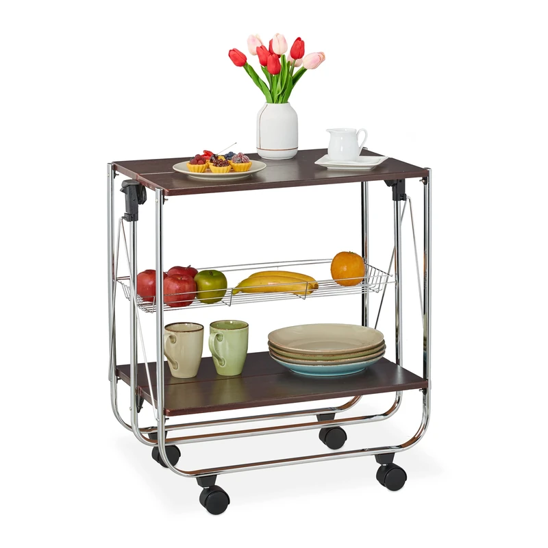 Relaxdays Foldable Trolley, 4 Castors, 2 Shelves and Mesh Basket, HWD: 70 x 68 x 40 cm, Multipurpose Serving Cart, Brown, Fibreboard
