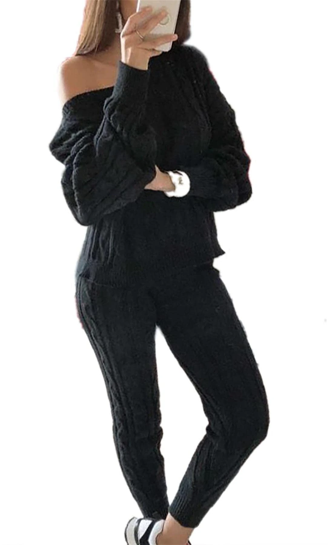 Women's Fall Rib-Knit 2 Piece Outfits Sweater Set Crew Neck Pullover Top + Long Pants Loungewear (S-5XL), 0-black, Large