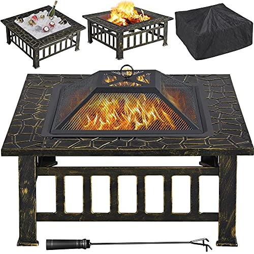 Yaheetech 32'' Outdoor Square Fire Pit Metal Garden Stove Brazier For Barbecue/Heating/Cooling Drinks with Cover & Poker, Bronze