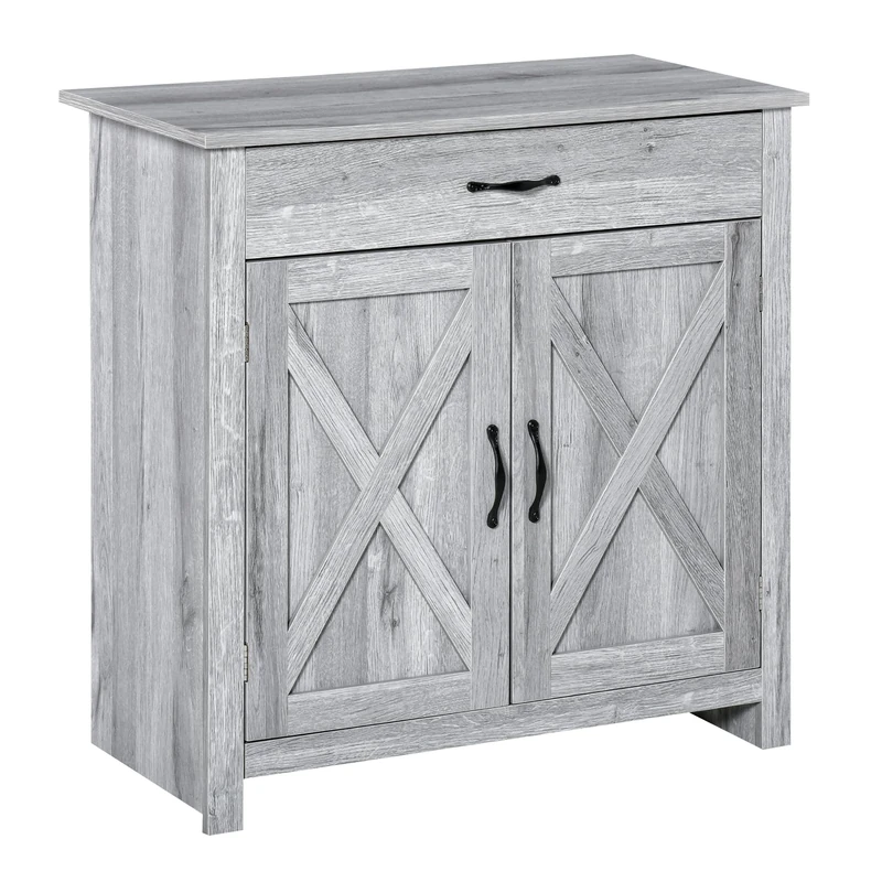 HOMCOM Farmhouse Barn Door Sideboard Storage Cabinet Coffee Bar Grey Grain