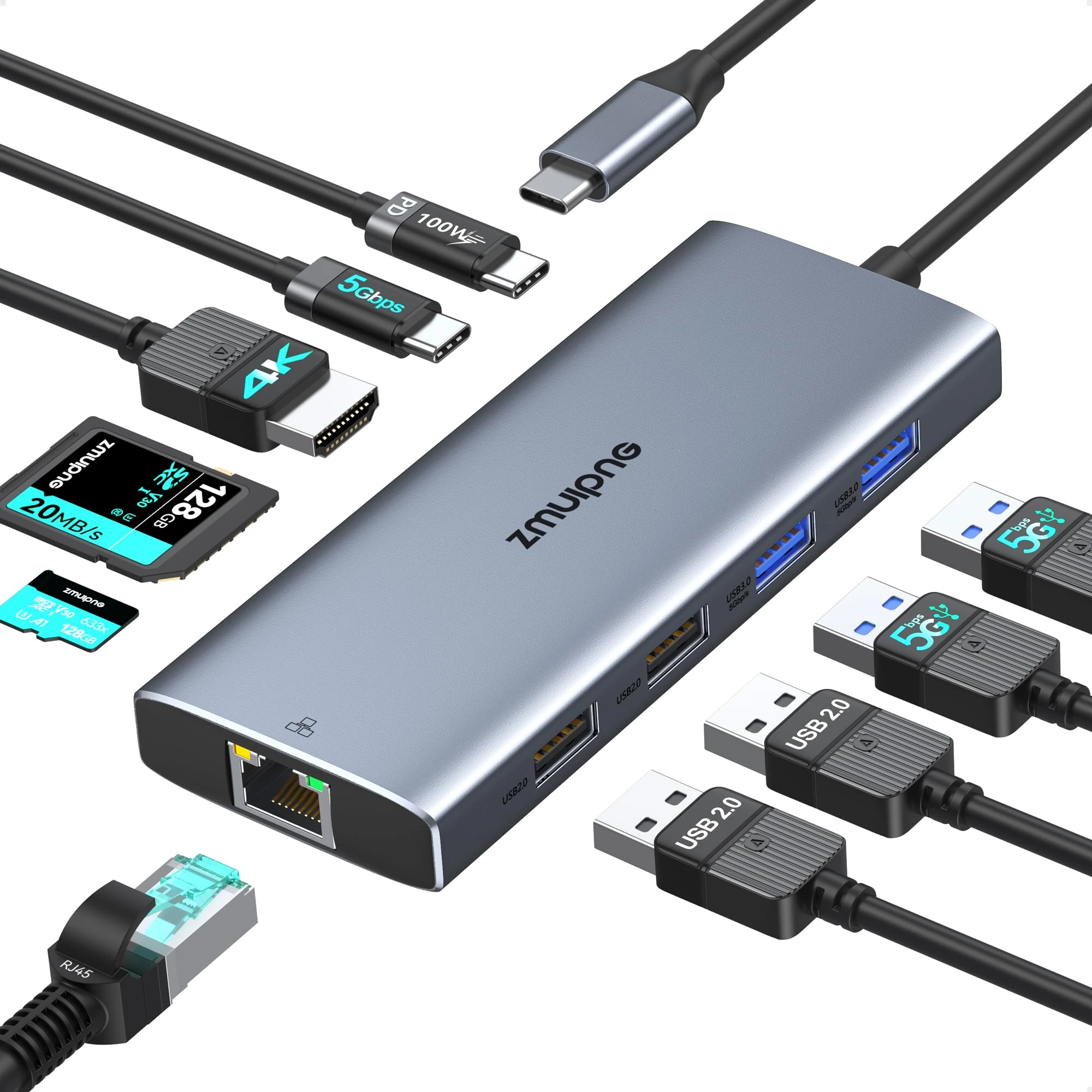 USB C Hub Multiport Adapter, USB C Dock with Ethernet HDMI, 10 IN 1 USBC Hub to 4K HDMI,Ethernet,100W PD,USB C,4 USB Ports,SD/TF, USB Type C Dongle for MacBook,Surface,Dell,HP and More