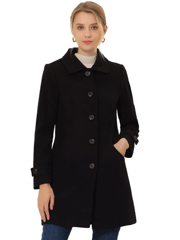 Allegra K Women's Winter Outerwear Overcoat Peter Pan Collar Mid-thigh A-line Single Breasted Pea Coat, Black, M