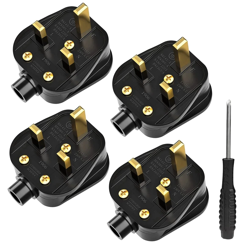 UK Plugs with 13 AMP Fused, 3 pin Mains Plug with Cord Grip Rewireable Heavy Duty Electrical Plug, Rubber Composite Plug, 4 Pack - Black