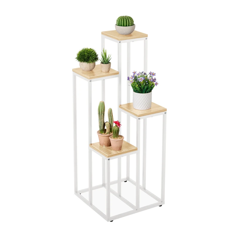 Relaxdays Plant Stand, Modern Pot Holder with 4 Tiers, 80x40x40 cm, White Metal Frame, MDF Shelving; Space-Saving; Brown