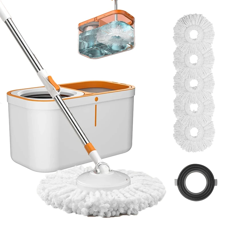 Floor Spin Mop and Bucket Set with Wringer System Extended Stainless Steel Handle 61＂for Home Floor Cleaning Use with 5 Replacement Head Refill and 1 Cleaning Brush Head