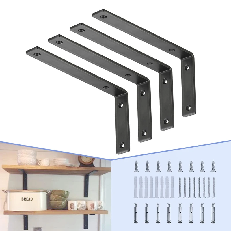 CUZURLUV Black Shelf Bracket, 12” X 5” Quarter Inch (1/4") Thick- Max Load: 440 lb Rustic Industrial Modern Farmhouse Heavy Duty Cold Rolled Steel Bracket for Table Bench, Space Saving DIY, Pack of 4