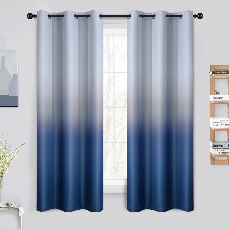 Yakamok Room Darkening Blackout Ombre Curtains for Bedroom, Thermal Insulated Grommet Window Drapes Blue and Greyish White Gradient Curtains for Living Room (2 Panels, 42x63 Inch)
