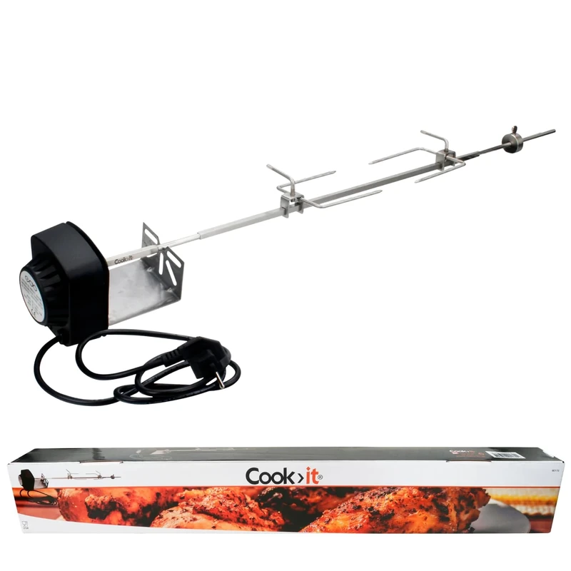 Cook>it® Universal Rotisserie for 3/4 Burner Gas Barbecues – Stainless Steel Spit, 820 mm Length, Includes 230 V Motor – Perfect for Crispy Chicken, Duck and Juicy Pork Roasts
