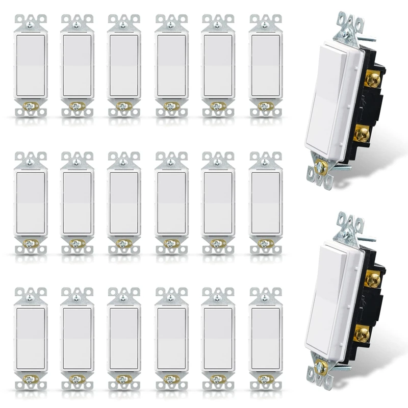 ELEGRP Matte White Single Pole Decorator Light Switch, 15Amp, 120-277V, Decorative Paddle Rocker Switch Replacement, On/Off Wall Switch, Self-Grounding, Residential/Commercial Grade, UL/CUL (20 Pack) - Image 1
