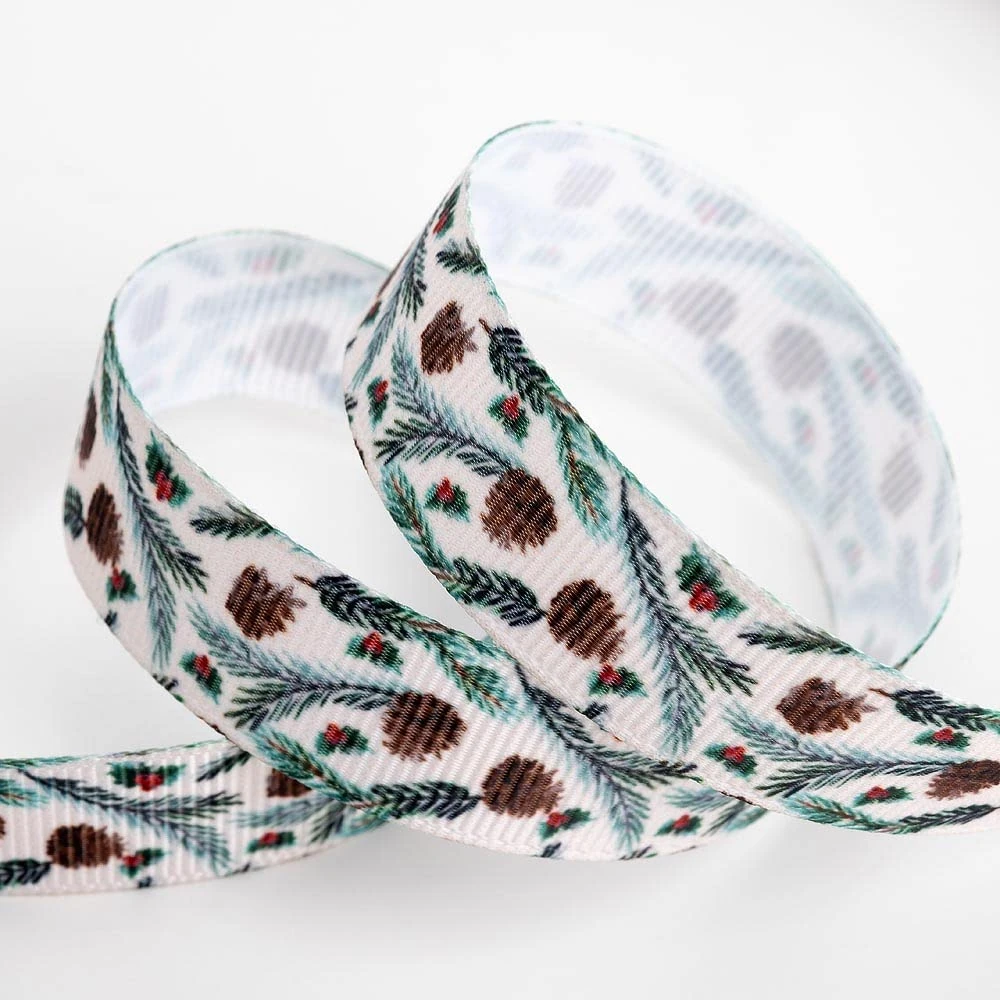 Italian Options Pine Cone and Holly Christmas Ribbon 16mm x 5m Taupe