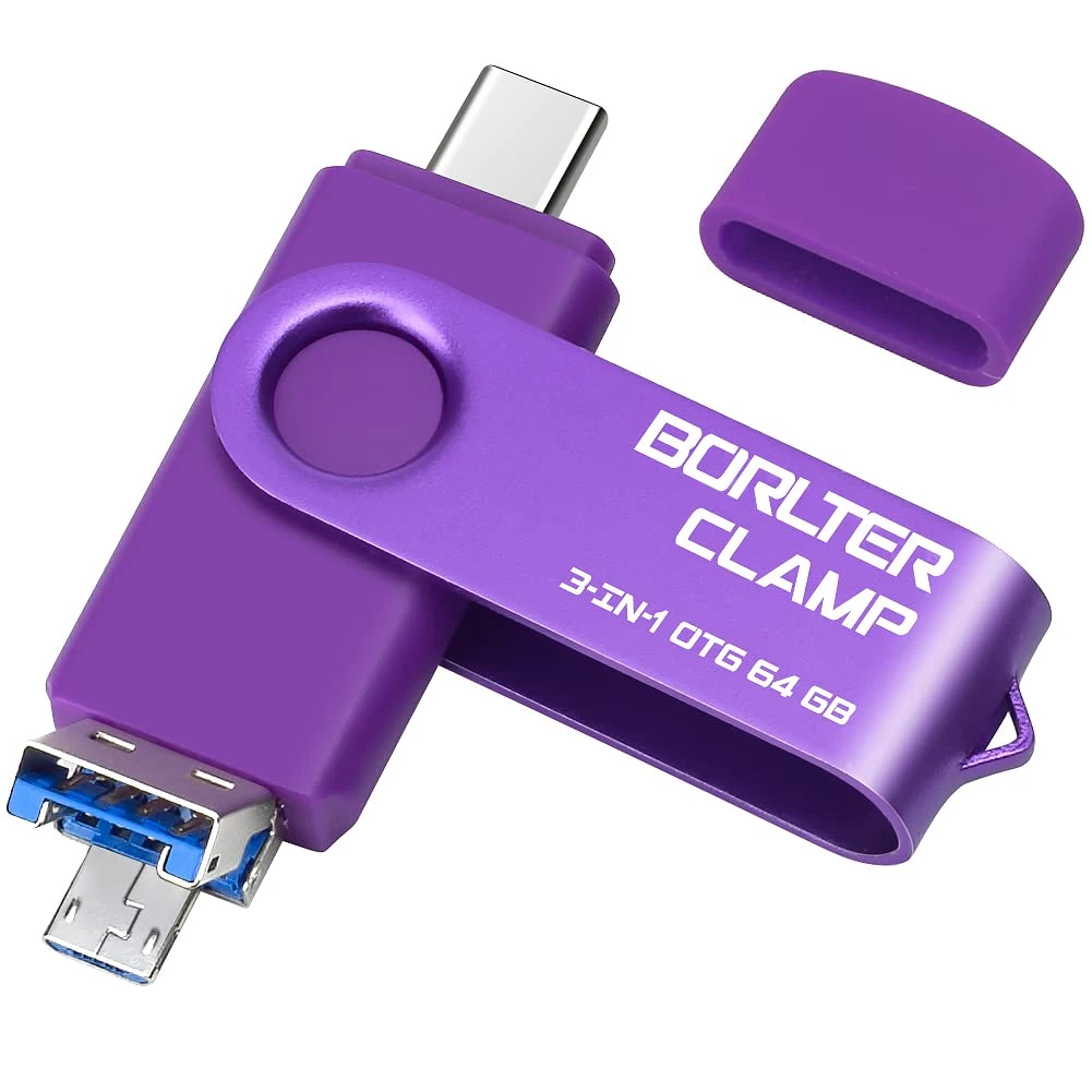64GB USB 3.0 Flash Drive 3 in 1 Photo Stick for Android Phones, BORLTER CLAMP OTG Memory Stick with 3 USB Ports (USB C, microUSB, USB-A) for Samsung Galaxy, Tablet, PC and More (Purple)
