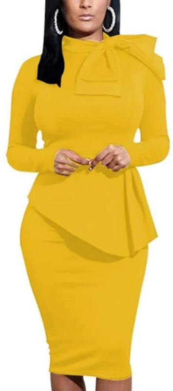 PerZeal Women's Fashion Peplum Bodycon Short Sleeve Work Dresses Bow Club Ruffle Pencil Formal Cocktail Dress, 5349yellow 1, X-Large
