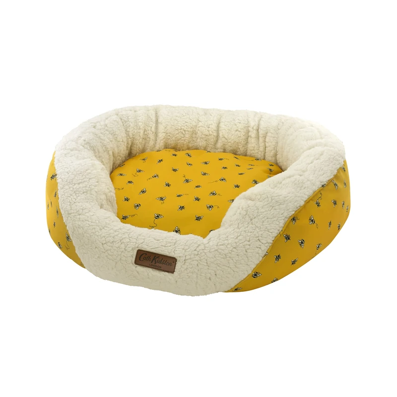 Pet Brands Cath Kidston Cosy Comfort Pet Bed, Machine Washable Luxury Bee Print Dog Bed with Warm Fleeced Inner - 60cm x 50cm x 20cm, Yellow